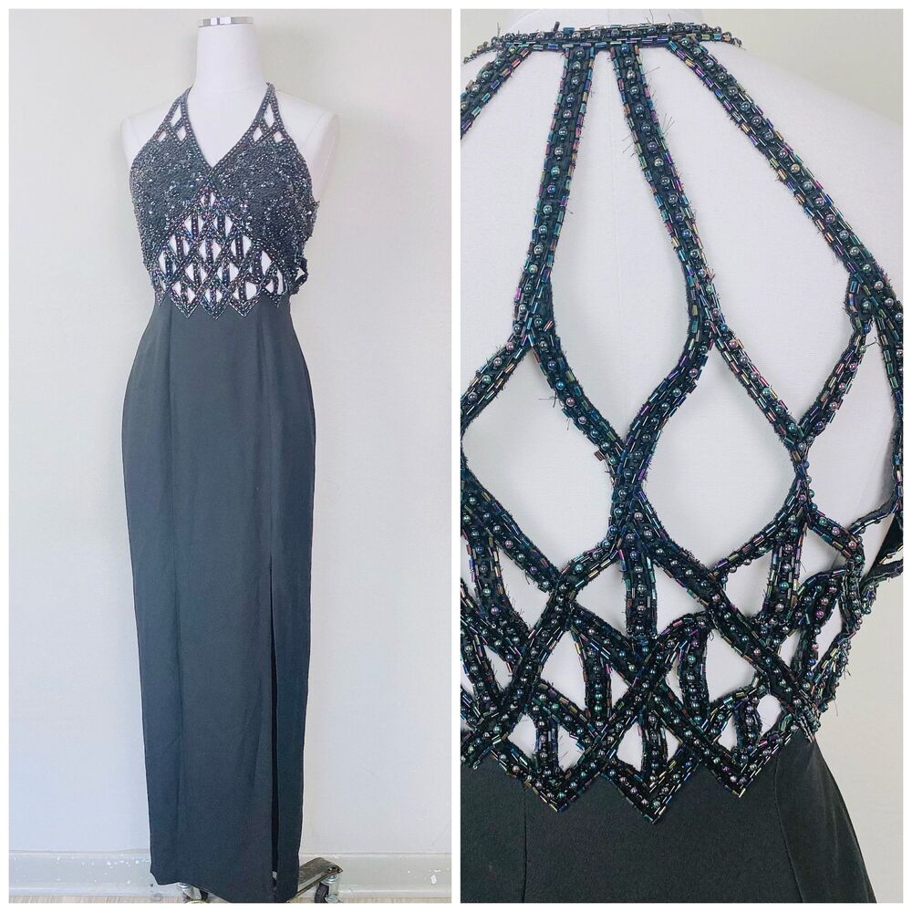 1990s Vintage Alyce Designs Black Beaded Cage Dress 90s Heavily Beaded Gown XS